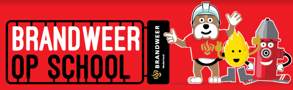 Brandweer op school, drie animatie figuren op een rood achtergrond