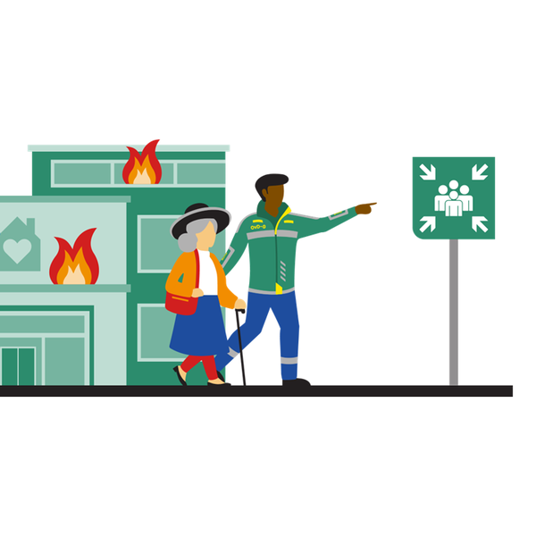 Illustratie man die vrouw meeneemt uit brand