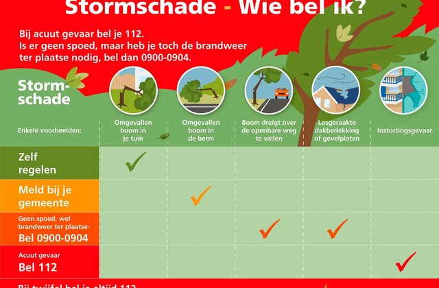 Infographic over wie je moet bellen bij stormschade, directief