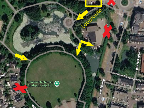 plattegrond met looproute vanaf de Botersloot naar het evenemententerrein en de fietsenstalling open dag Brandweer Wijk bij Duurstede