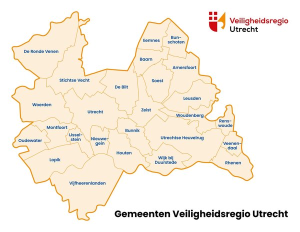 Regiokaart van de Veiligheidsregio Utrecht. Hierin staan gemeenten benoemd.